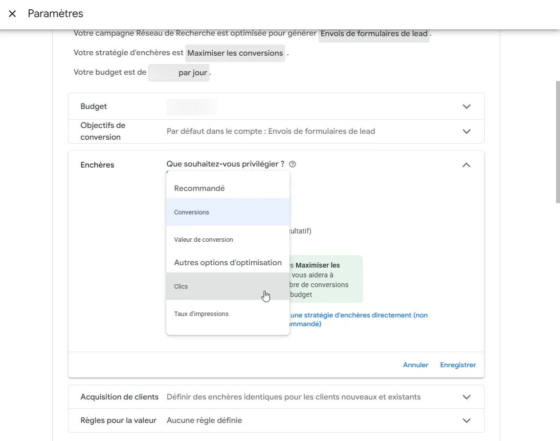Changement de stratégie d'enchère Google Ads