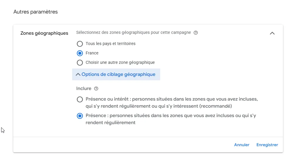 Option de ciblage géographique présence ou intérêt Google Ads